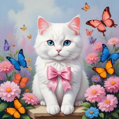 A Cute White Cat With A Pink Bow Holding A Blank Sign Surrounded By Colorful Butterflies Flowers And Pastel Decorations 159 D484