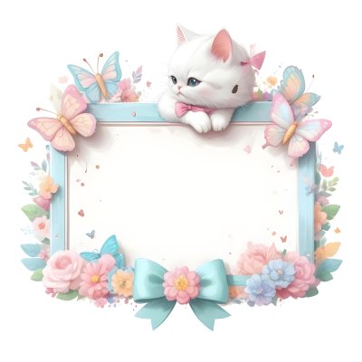 A Cute White Cat With A Pink Bow Holding A Blank Sign Surrounded By Colorful Butterflies Flowers And Pastel Decorations 16 043f