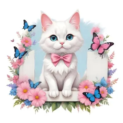 A Cute White Cat With A Pink Bow Holding A Blank Sign Surrounded By Colorful Butterflies Flowers And Pastel Decorations 160 Cbe6