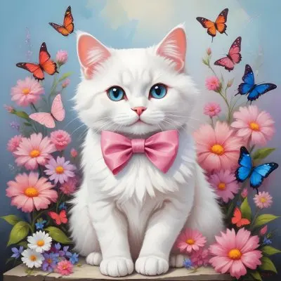 A Cute White Cat With A Pink Bow Holding A Blank Sign Surrounded By Colorful Butterflies Flowers And Pastel Decorations 161 5379