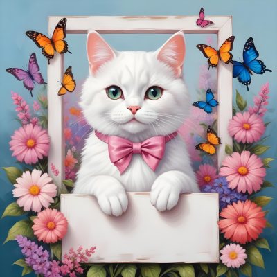 A Cute White Cat With A Pink Bow Holding A Blank Sign Surrounded By Colorful Butterflies Flowers And Pastel Decorations 162 08a7