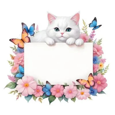 A Cute White Cat With A Pink Bow Holding A Blank Sign Surrounded By Colorful Butterflies Flowers And Pastel Decorations 163 0349