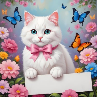A Cute White Cat With A Pink Bow Holding A Blank Sign Surrounded By Colorful Butterflies Flowers And Pastel Decorations 164 33a8