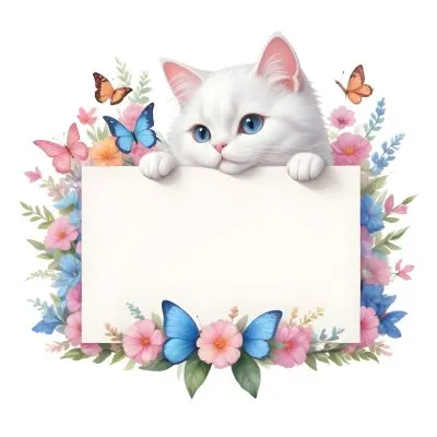 A Cute White Cat With A Pink Bow Holding A Blank Sign Surrounded By Colorful Butterflies Flowers And Pastel Decorations 165 B057
