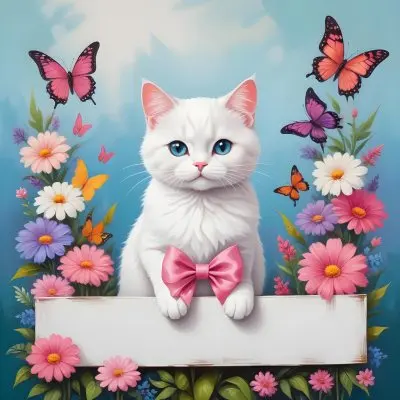 A Cute White Cat With A Pink Bow Holding A Blank Sign Surrounded By Colorful Butterflies Flowers And Pastel Decorations 166 825b