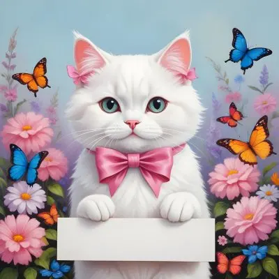 A Cute White Cat With A Pink Bow Holding A Blank Sign Surrounded By Colorful Butterflies Flowers And Pastel Decorations 168 A27b