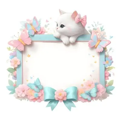 A Cute White Cat With A Pink Bow Holding A Blank Sign Surrounded By Colorful Butterflies Flowers And Pastel Decorations 17 46c7