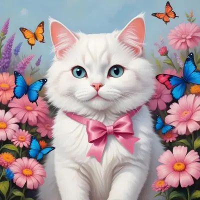 A Cute White Cat With A Pink Bow Holding A Blank Sign Surrounded By Colorful Butterflies Flowers And Pastel Decorations 170 B9ca