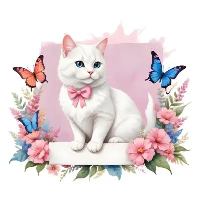 A Cute White Cat With A Pink Bow Holding A Blank Sign Surrounded By Colorful Butterflies Flowers And Pastel Decorations 171 89b8