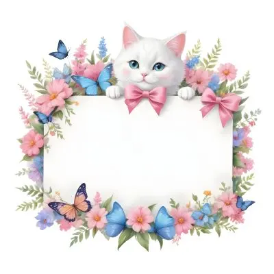 A Cute White Cat With A Pink Bow Holding A Blank Sign Surrounded By Colorful Butterflies Flowers And Pastel Decorations 172 80d9