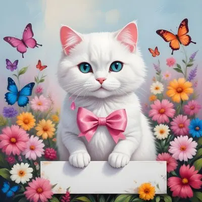 A Cute White Cat With A Pink Bow Holding A Blank Sign Surrounded By Colorful Butterflies Flowers And Pastel Decorations 173 24a4