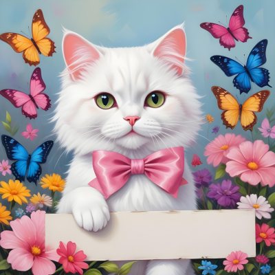 A Cute White Cat With A Pink Bow Holding A Blank Sign Surrounded By Colorful Butterflies Flowers And Pastel Decorations 174 Bfeb