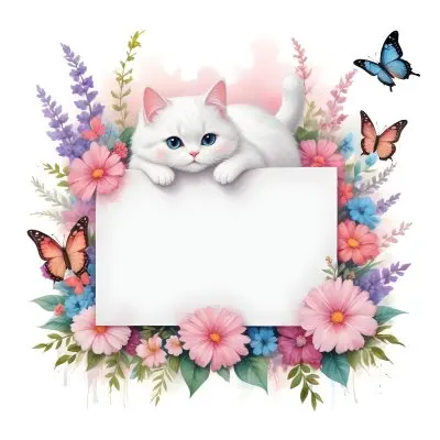 A Cute White Cat With A Pink Bow Holding A Blank Sign Surrounded By Colorful Butterflies Flowers And Pastel Decorations 175 7cb3