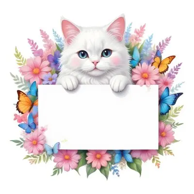 A Cute White Cat With A Pink Bow Holding A Blank Sign Surrounded By Colorful Butterflies Flowers And Pastel Decorations 176 Df15