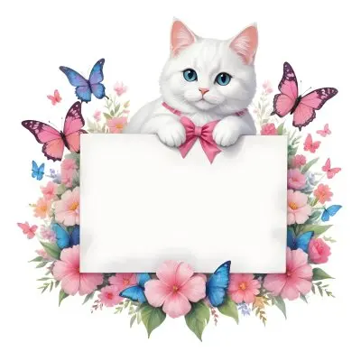 A Cute White Cat With A Pink Bow Holding A Blank Sign Surrounded By Colorful Butterflies Flowers And Pastel Decorations 177 7898