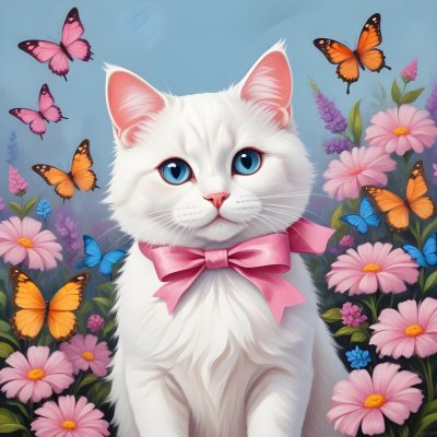 A Cute White Cat With A Pink Bow Holding A Blank Sign Surrounded By Colorful Butterflies Flowers And Pastel Decorations 178 D545