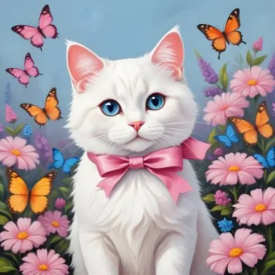 A Cute White Cat With A Pink Bow Holding A Blank Sign Surrounded By Colorful Butterflies Flowers And Pastel Decorations 178 D545