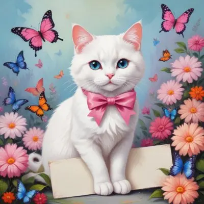 A Cute White Cat With A Pink Bow Holding A Blank Sign Surrounded By Colorful Butterflies Flowers And Pastel Decorations 179 Cf52