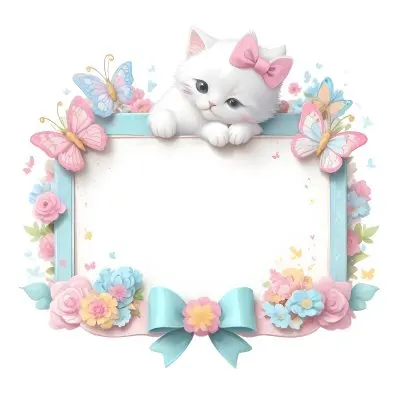 A Cute White Cat With A Pink Bow Holding A Blank Sign Surrounded By Colorful Butterflies Flowers And Pastel Decorations 18 9f4f