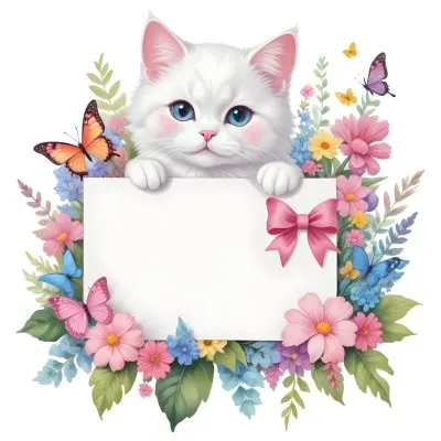 A Cute White Cat With A Pink Bow Holding A Blank Sign Surrounded By Colorful Butterflies Flowers And Pastel Decorations 180 0190