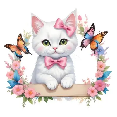 A Cute White Cat With A Pink Bow Holding A Blank Sign Surrounded By Colorful Butterflies Flowers And Pastel Decorations 181 400e