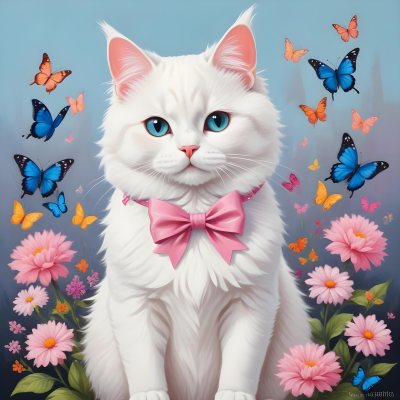 A Cute White Cat With A Pink Bow Holding A Blank Sign Surrounded By Colorful Butterflies Flowers And Pastel Decorations 183 8dfa