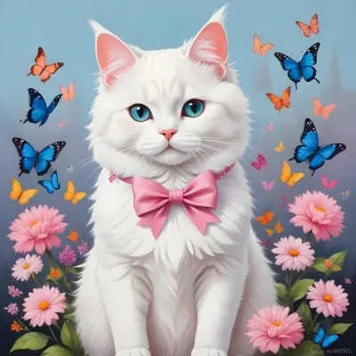 A Cute White Cat With A Pink Bow Holding A Blank Sign Surrounded By Colorful Butterflies Flowers And Pastel Decorations 183 8dfa