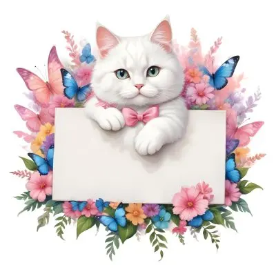 A Cute White Cat With A Pink Bow Holding A Blank Sign Surrounded By Colorful Butterflies Flowers And Pastel Decorations 184 8393