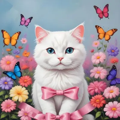 A Cute White Cat With A Pink Bow Holding A Blank Sign Surrounded By Colorful Butterflies Flowers And Pastel Decorations 185 D8ab