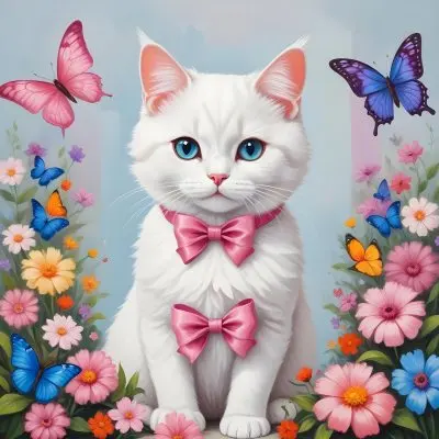A Cute White Cat With A Pink Bow Holding A Blank Sign Surrounded By Colorful Butterflies Flowers And Pastel Decorations 186 1ff2