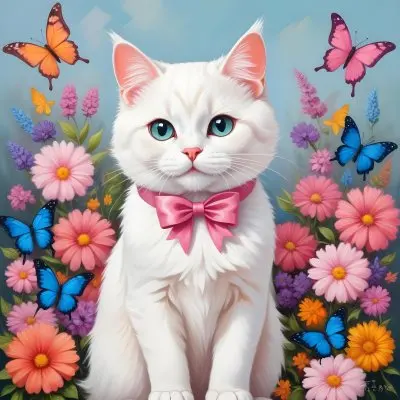 A Cute White Cat With A Pink Bow Holding A Blank Sign Surrounded By Colorful Butterflies Flowers And Pastel Decorations 187 7fc2