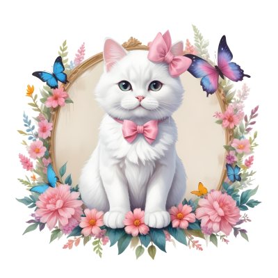 A Cute White Cat With A Pink Bow Holding A Blank Sign Surrounded By Colorful Butterflies Flowers And Pastel Decorations 188 C1da