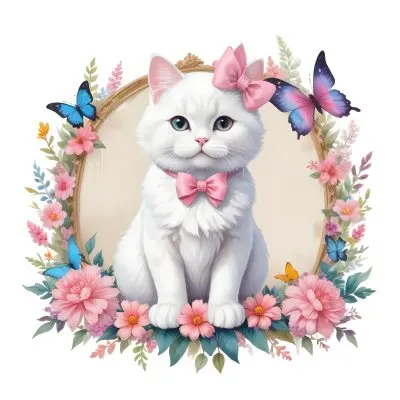 A Cute White Cat With A Pink Bow Holding A Blank Sign Surrounded By Colorful Butterflies Flowers And Pastel Decorations 188 C1da