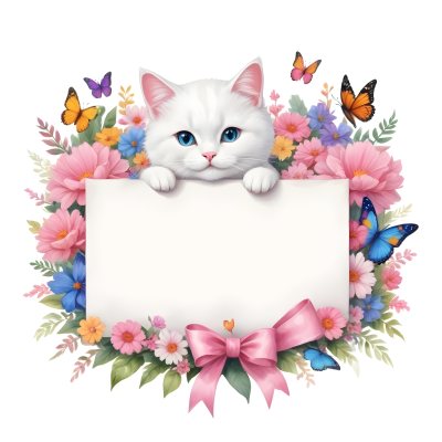A Cute White Cat With A Pink Bow Holding A Blank Sign Surrounded By Colorful Butterflies Flowers And Pastel Decorations 189 1fa2