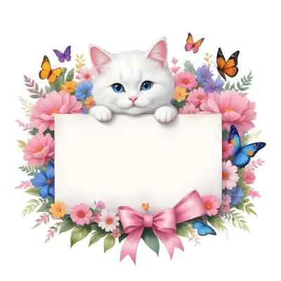 A Cute White Cat With A Pink Bow Holding A Blank Sign Surrounded By Colorful Butterflies Flowers And Pastel Decorations 189 1fa2