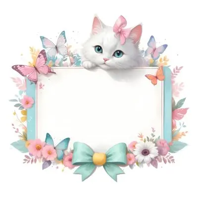 A Cute White Cat With A Pink Bow Holding A Blank Sign Surrounded By Colorful Butterflies Flowers And Pastel Decorations 19 784f