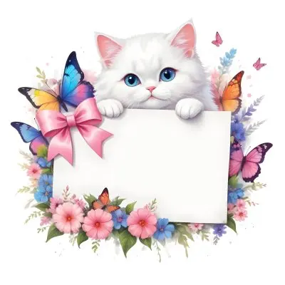 A Cute White Cat With A Pink Bow Holding A Blank Sign Surrounded By Colorful Butterflies Flowers And Pastel Decorations 190 2366