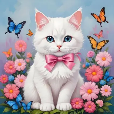 A Cute White Cat With A Pink Bow Holding A Blank Sign Surrounded By Colorful Butterflies Flowers And Pastel Decorations 191 82dd