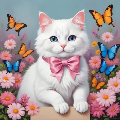 A Cute White Cat With A Pink Bow Holding A Blank Sign Surrounded By Colorful Butterflies Flowers And Pastel Decorations 192 4578