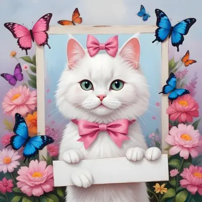 A Cute White Cat With A Pink Bow Holding A Blank Sign Surrounded By Colorful Butterflies Flowers And Pastel Decorations 193 8ad5