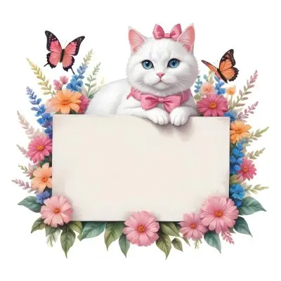 A Cute White Cat With A Pink Bow Holding A Blank Sign Surrounded By Colorful Butterflies Flowers And Pastel Decorations 194 Ae31