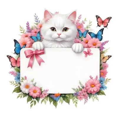 A Cute White Cat With A Pink Bow Holding A Blank Sign Surrounded By Colorful Butterflies Flowers And Pastel Decorations 195 18c7