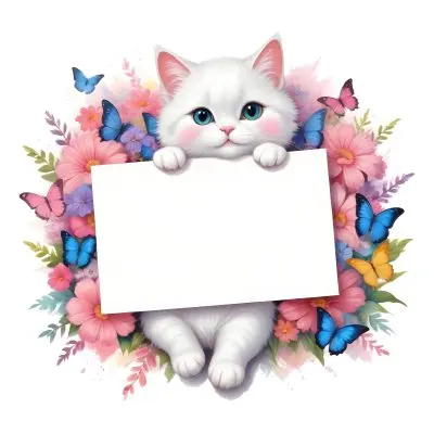 A Cute White Cat With A Pink Bow Holding A Blank Sign Surrounded By Colorful Butterflies Flowers And Pastel Decorations 196 0cd1