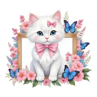 A Cute White Cat With A Pink Bow Holding A Blank Sign Surrounded By Colorful Butterflies Flowers And Pastel Decorations 197 E6e3