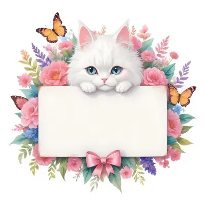 A Cute White Cat With A Pink Bow Holding A Blank Sign Surrounded By Colorful Butterflies Flowers And Pastel Decorations 198 92d6