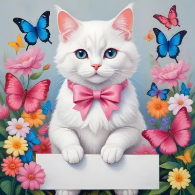 A Cute White Cat With A Pink Bow Holding A Blank Sign Surrounded By Colorful Butterflies Flowers And Pastel Decorations 199 Fc42