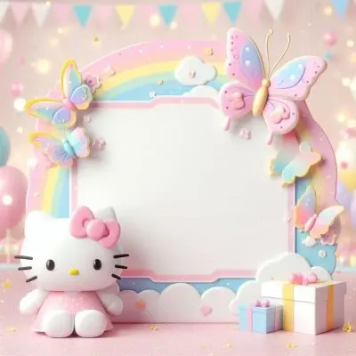 A Cute White Cat With A Pink Bow Holding A Blank Sign Surrounded By Colorful Butterflies Flowers And Pastel Decorations 2 5b42