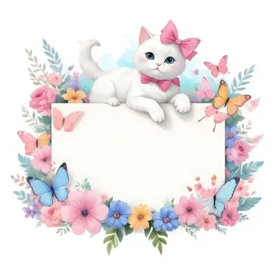 A Cute White Cat With A Pink Bow Holding A Blank Sign Surrounded By Colorful Butterflies Flowers And Pastel Decorations 20 7a30