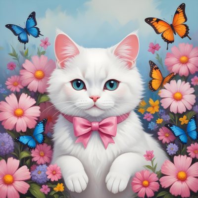 A Cute White Cat With A Pink Bow Holding A Blank Sign Surrounded By Colorful Butterflies Flowers And Pastel Decorations 200 C98e
