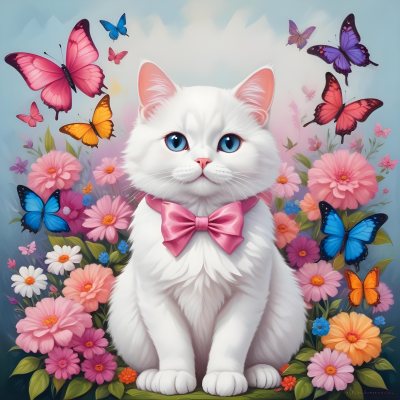 A Cute White Cat With A Pink Bow Holding A Blank Sign Surrounded By Colorful Butterflies Flowers And Pastel Decorations 202 830a